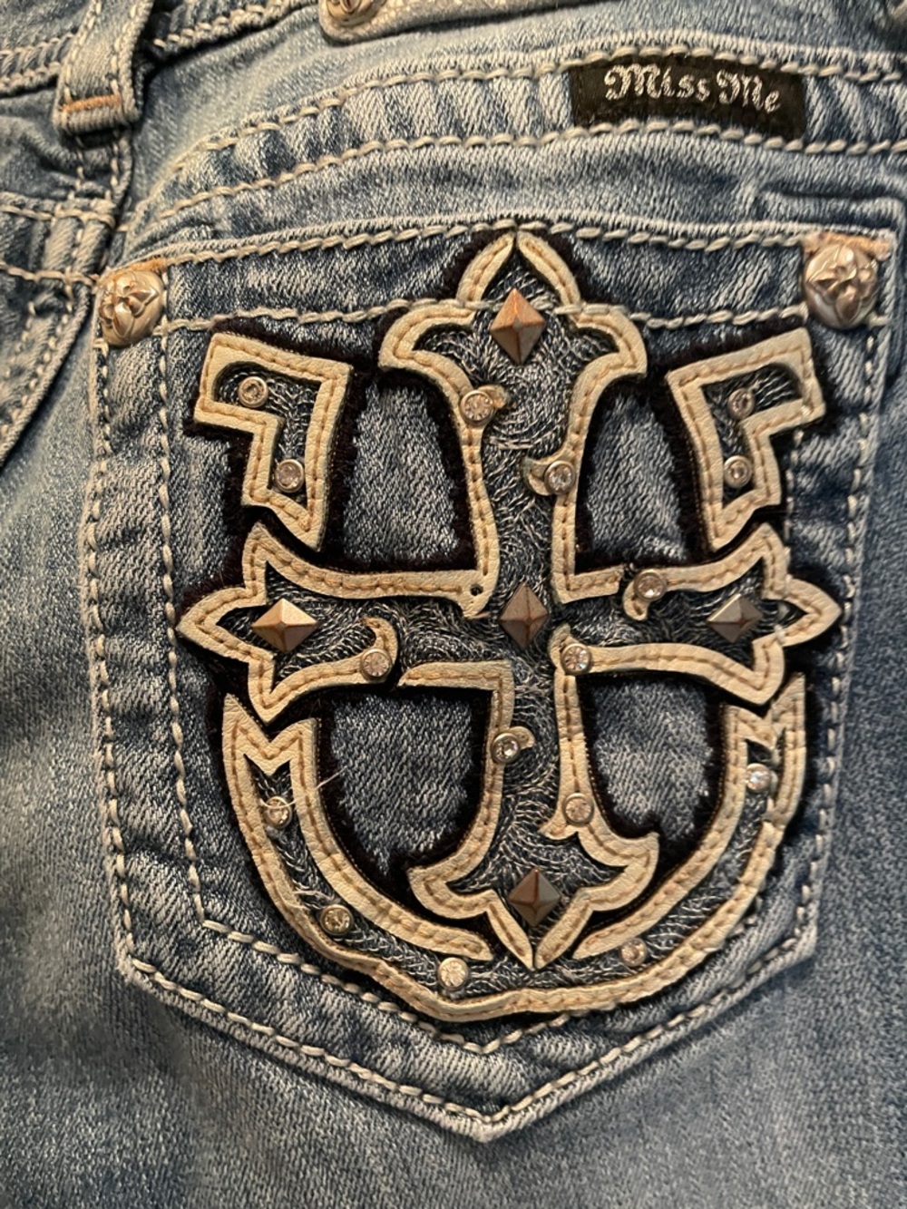 Miss Me Light Blue Denim Jeans with Embroidered Cross Pocket - Picture 7 of 10